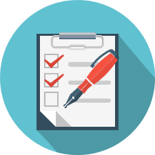 Checklist and pen icon representing answering questions about proposal quality assessment.